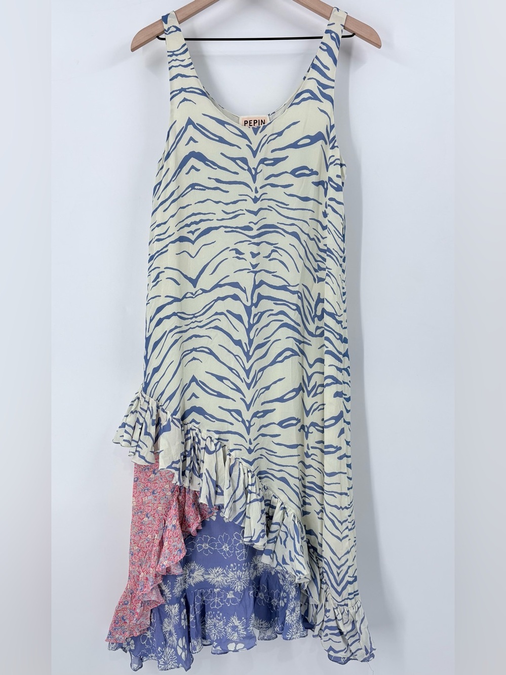Anthropologie PEPIN Boho Zebra Print Floral Patchwork Layered Midi Dress